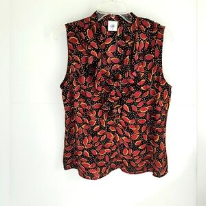 CAbi Women's Sleeveless Blouse - Black and Red Pattern Ruffle 4071